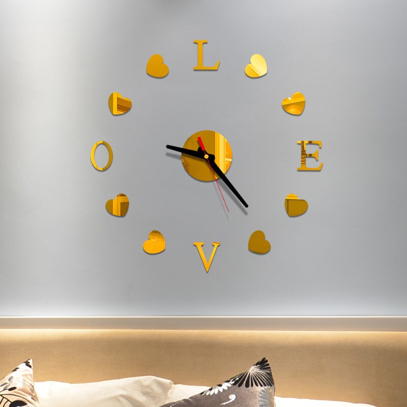 LOVE AND HEART Wall Clock 3D DIY Acrylic Mirror Stickers Clock Watch Living Room Bedroom Home Decor Large Silent Elreloj Mural