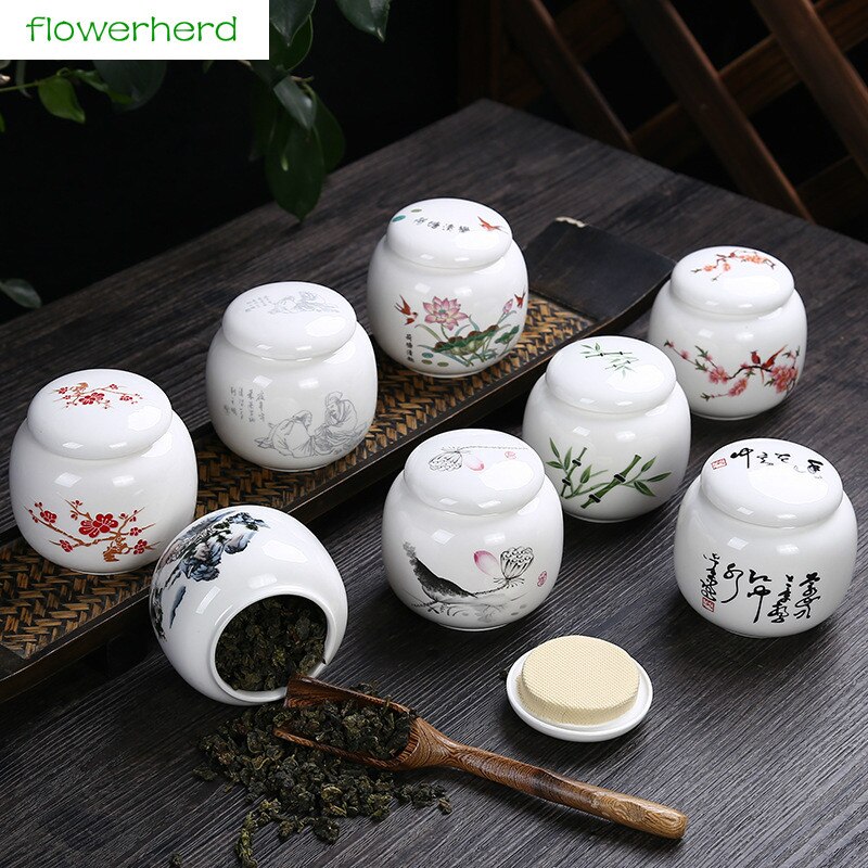 Chinese Pattern Ceramics Tea Caddy Portable Travel Tea Cans Tea Canister Sealed Storage Bottles Spice Food Jars Home Decor