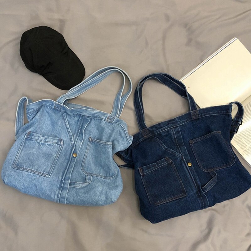 Nova rede vermelho denim bolsa de ombro mensageiro casual selvagem portátil sacola de compras lona bolsa feminina azul marinho: Default Title