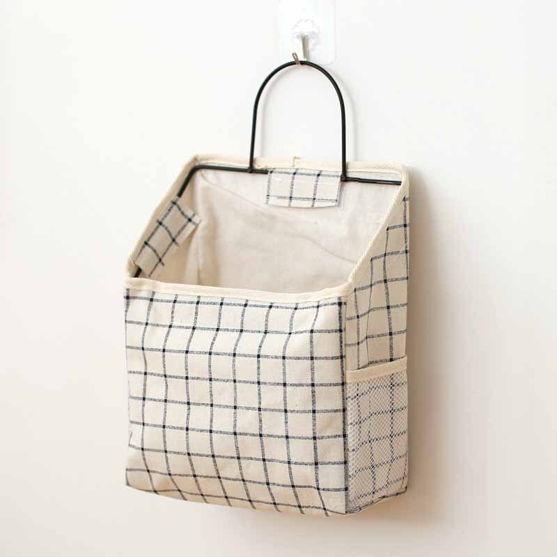 ONEUP Wall Hanging Storage Bags Cotton Linen Door Waterproof Bedroom Wall Hanging Home Office Books Sundries Organizer Bag: White plaid
