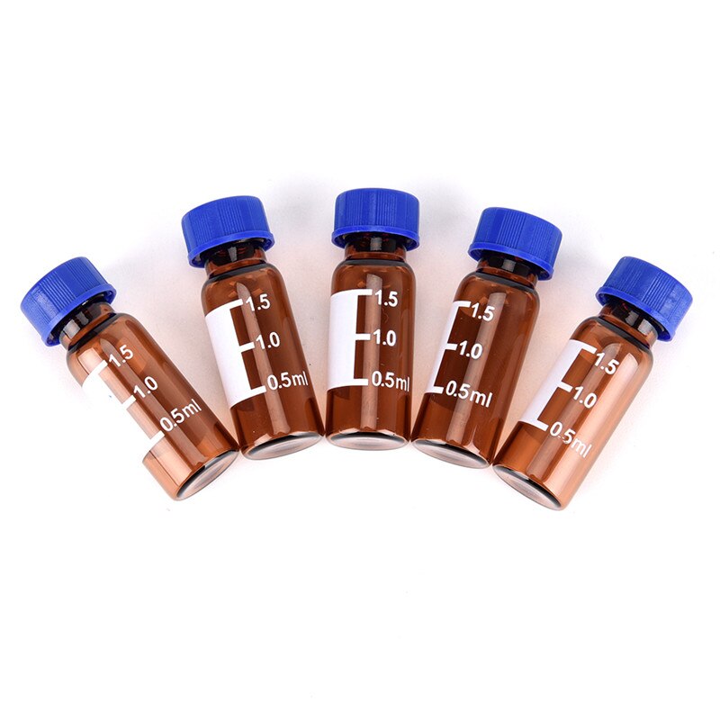 5 pc monsterflesjes 2ml flessen, bruine plastic deksel, gegradueerde ronde glazen reagensfles, blauwe schroefdop, schroefdeksel, gegradueerde dop