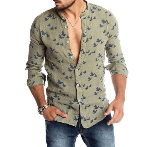 Summer Casual Men Shirts Slim Print Buttons Long Sleeve Top Summer Autumn Plus Size Men Shirts: Green / L