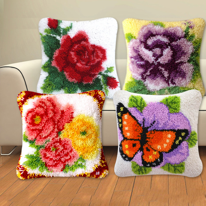 Gør det selv blomster sommerfugl segment broderi pude planter groft uld korssting låsekrog tæppe broderi låsekrog tæppesæt