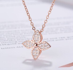 100% 925 prata esterlina na moda lucky flor brilho zircônia cúbica senhoras pingente colar de jóias femininas cadeias curtas não desvanecer: Rose gold necklace