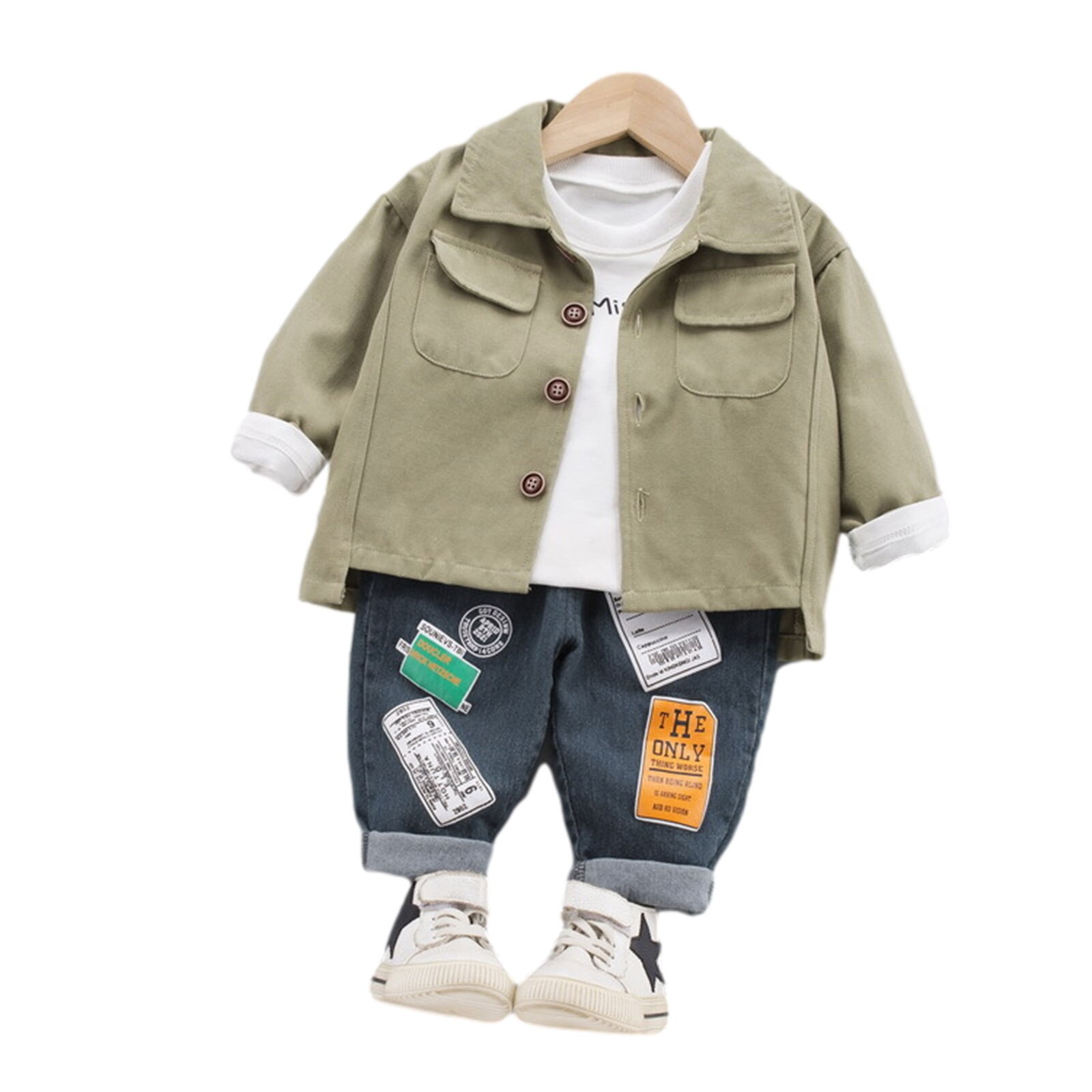 Vêtements d'automne pour bébé garçon, T-Shirt à manches longues + veste boutonnée + pantalon en Denim ensemble de 2 pièces: B / 110cm