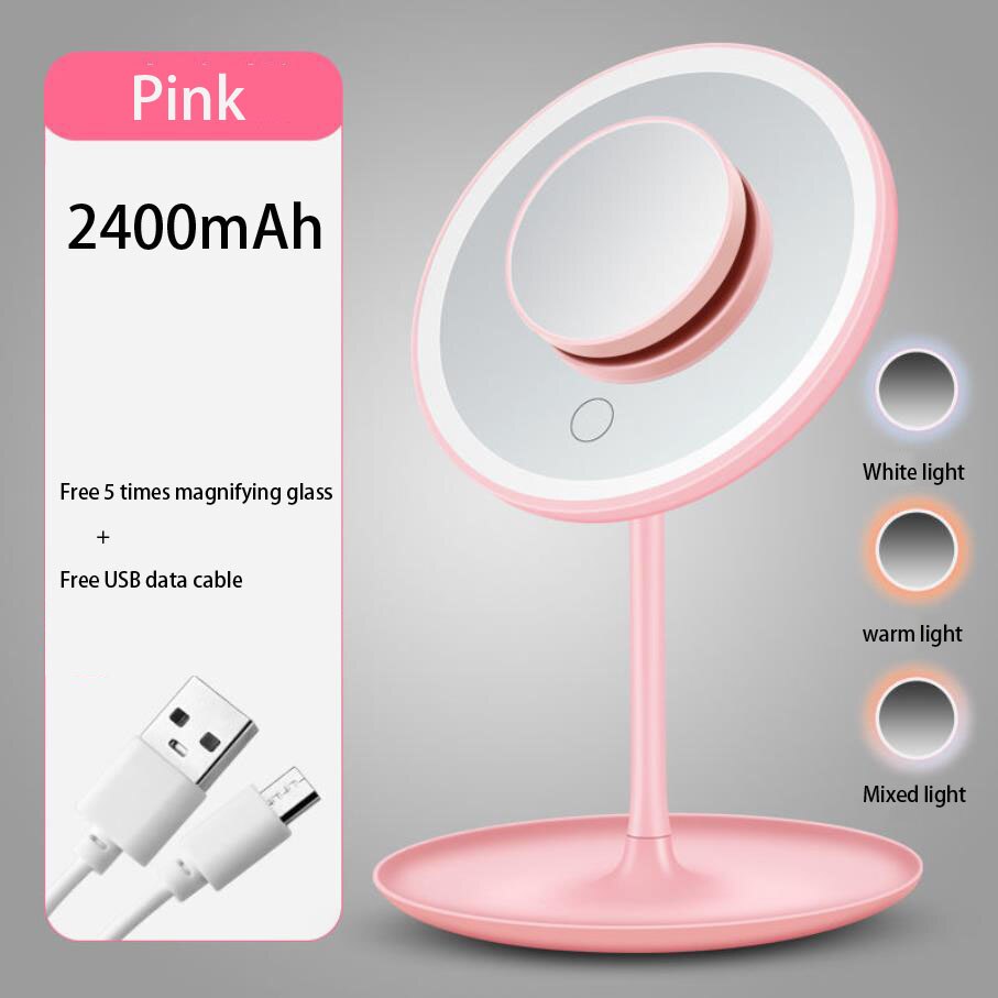 LED cosmetic mirror desk with lamp dormitory dressing mirror easy to fill with light makeup mirror: Pink 2400 mAh