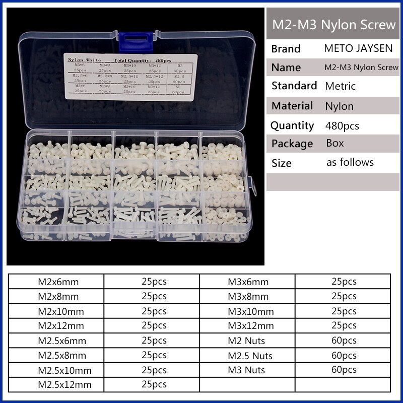 480 st  m2 m2.5 m3 nylon runda huvuden phillips skruvbultar sexkantsmuttrar set svart vit plastskruvar sortimentssats: M23 nlb 208 x1