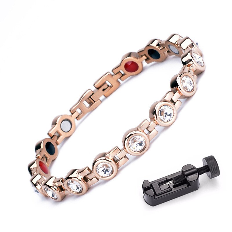 Rhinestone Woman Magnetic Power Bracelet Health Energy Gold Jewelry Lady Stainless Steel Bracelets Bangles: RGold with tool
