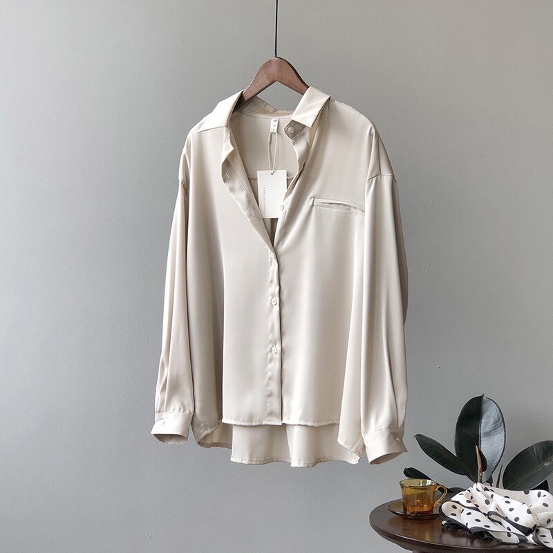 Kvinder lange ærmer satin skjorter turn-down krave v hals gade løse kvindelige bluser solid chiffon skjorte kvinder top ol stil: Champagne / L