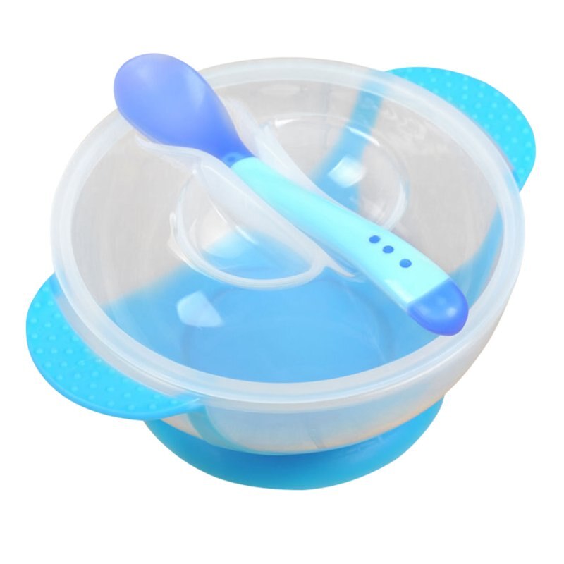 Peuter Baby Kids Feeding Baby Kinderen Servies Kom Plaat Training Lepel Binaural Deksel met Sucker: Blauw
