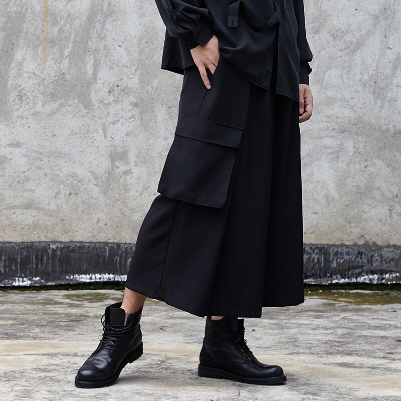 Men's nine minute trousers spring/summer Yamamoto style Dark Black Japanese culottes low crotch wide leg trousers for men