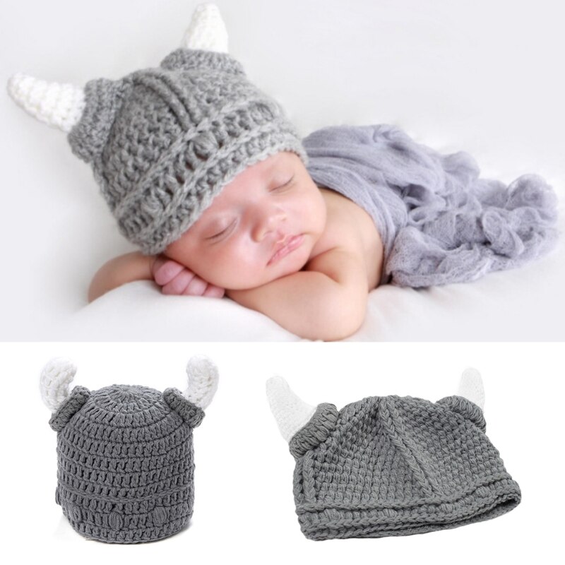 Volwassen Kids Handgemaakte Haak Gebreide Beanie Hat Leuke Grappige Ox Hoorn Ouder-kind Barbarian Viking Stretchy Skullies Cap