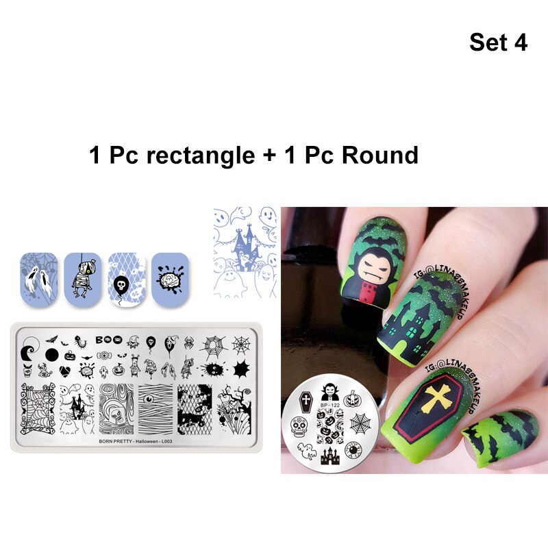 Født pen stempling plater blomster gresskar lykt flaggermus bland bilde rektangel rustfritt stål neglekunst mal halloween tema: Sett -4