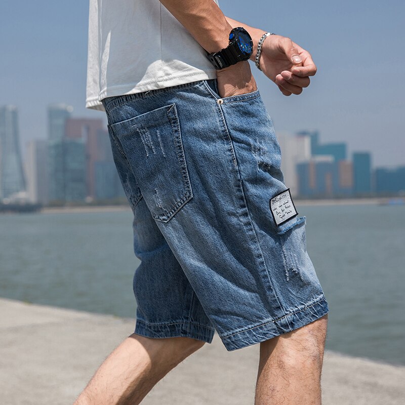 Herr blå jeansshorts hål korta jeans herr sommar knälånga jeansshorts raka lösa jeansshorts