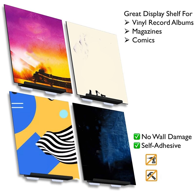 4 Pack Vinyl Record Display Shelf, Metal Frame Wall Mounted Holder Stand with Self Adhesive for Record Album, azine
