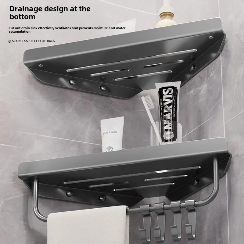 Étagère de vidange triangulaire de salle de bain, étagère murale creuse en acier au carbone pour cosmétiques et articles de toilette sans perçage avec crochets