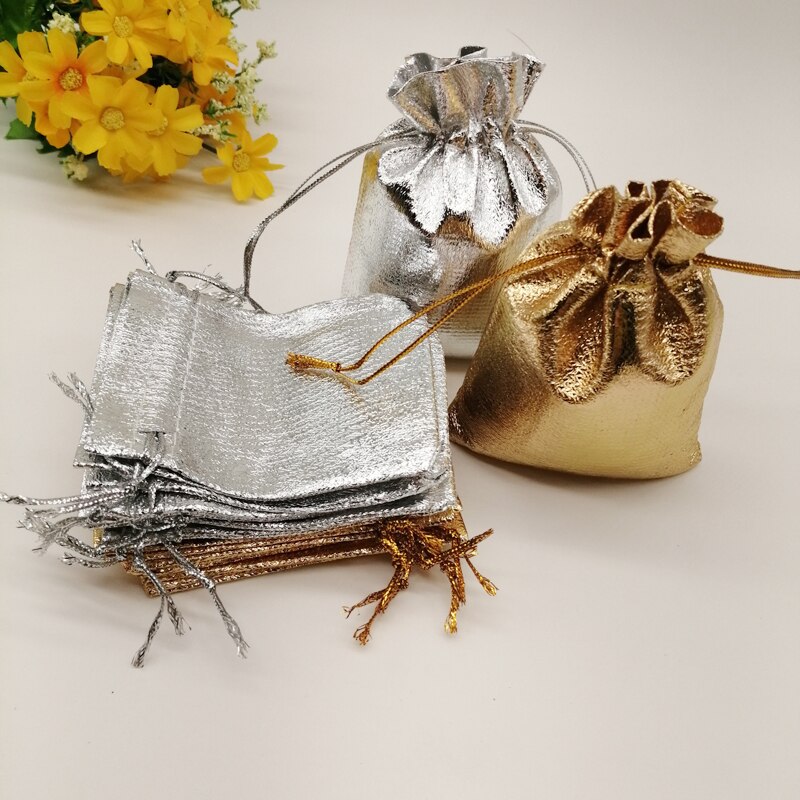 Bolsa de embalaje de tela de aluminio para joyería, bolsa de embalaje de joyería de boda, con cordón dorado y plateado, 50 Uds.