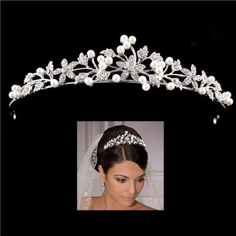 Guldfärgad kristall strass krona och tiara bröllop hårsmycken accessoarer för kvinnor brudtiaror huvudbonad flickor pannband: Försilvrad