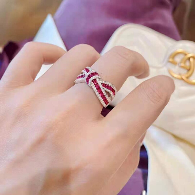 Oevas 100% 925 Sterling Zilver Robijn Hoge Carbon Diamond Strik Ringen Voor Vrouwen Sparkling Wedding Party Fijne Sieraden