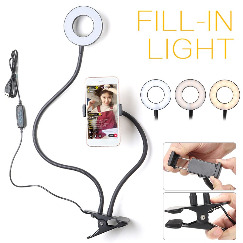 24 LED Ring Fill Light Long Arm Selfie Holder USB Clip Camera Phone Stand In Black Multifunction Desktop Selfie Light