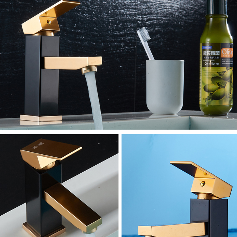 Korte Hoge Stijl Mat Zwart Goud Badrandcombinaties Enkele Handgreep Wastafel Kraan Water Kolom Sink Cold Badkamer Kraan Wastafel tap