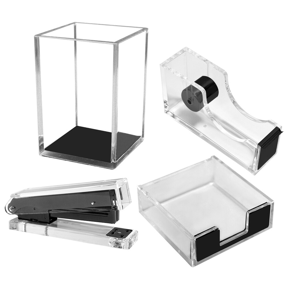 Clear Acrylic Gold Tape Dispenser Stapler with Staples Pen Holder Office Supplies Desktop Accessories Organizer Stationery Set: Black Color