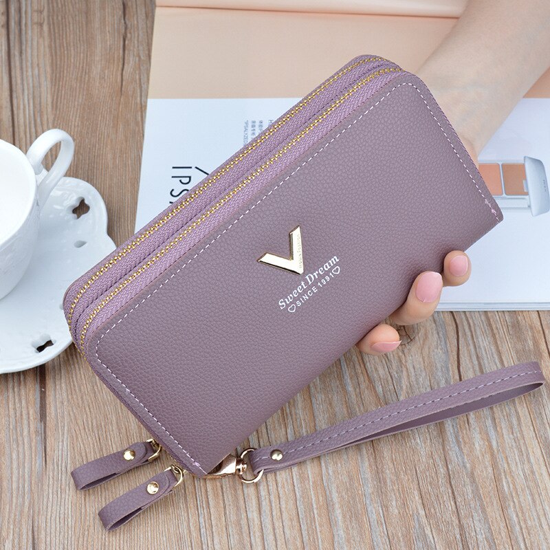 Women&#39;s wallet V Ladies mobile phone bag long ladies clutch bag star Double zipper hand strap bag Multiple color 697: 697Purple