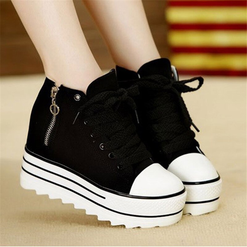 Vita kilar canvas skor kvinna sneaker höga platåskor high top sneakers dam dold klack ledig dragkedja vulkaniserade skor