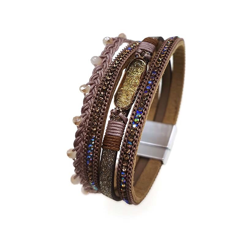 D&D Women Leather Bracelet Rhinestone Bar Charm Bohemian Leather Female Bracelets in 7 Colors
