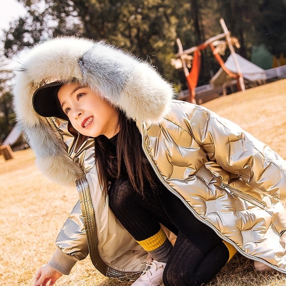 Crianças jaqueta de algodão menino meninas quente parka colorido gola de pele engrossar outerwear roupas inverno snowsuit casaco longo
