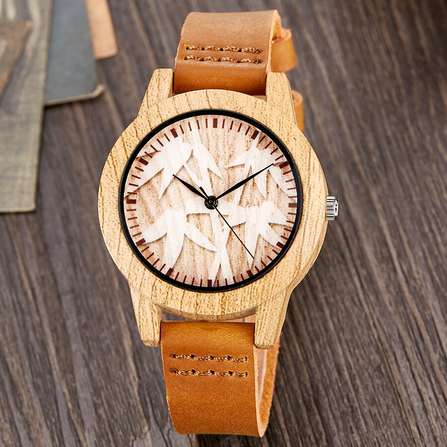 Imitatie houten horloge mannen vrouwen imitatie houten polshorloge zachte leren band mannen kwarts paar pols klok schedel bidsprinkhaan paard uur: Bamboe vrouwen