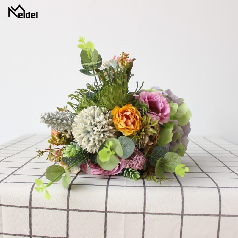 Meldel Boeket Bruid Bruiloft Bloem Boeket Kunstzijde Hortensia Lisianthus Pompon Vanille Eucalyptus Bladeren Bruiloft Bloem