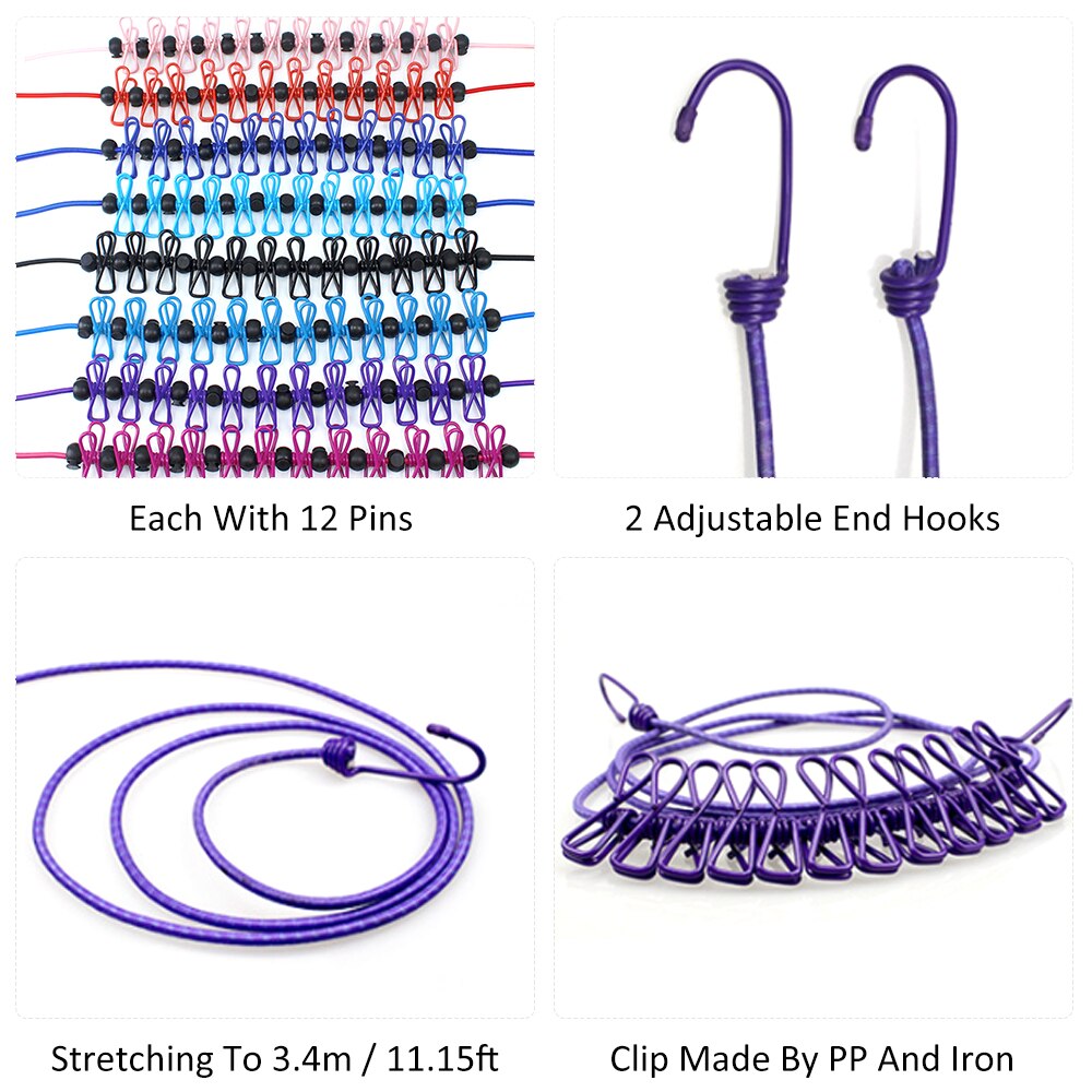 Corde à linge élastique avec 12 pièces pinces à linge Clips 2 crochets d'extrémité réglables