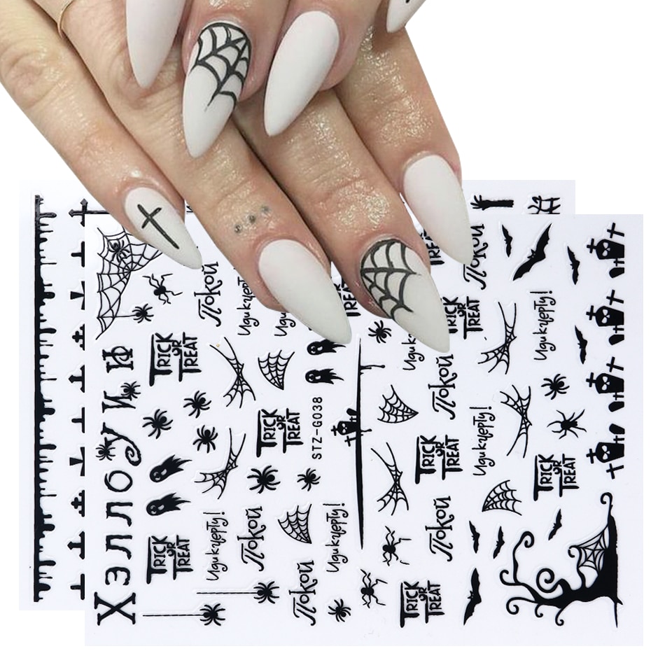 Halloween negler svarte klistremerker nail art dekaler edderkopp spøkelse gresskar kult skummelt skyveomslag negledekor manikyr chstzg 032-040