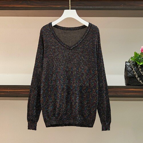 Skinnende lurex efterår vinter oversize sweater kvinder langærmet pullover v-hals basic sweater løs glitter strik dame: Sort / Xxxl