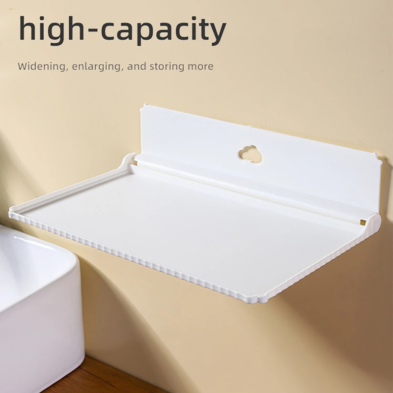 Hvit, sammenleggbar veggmontert hylle uten slagg, brukt til baderom, nattbord, sammenleggbar oppbevaringshylle til mobiltelefon, magisk verktøy