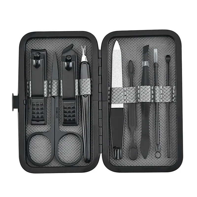 Set van 9 nagelknippers met leren etui, trimmer, pedicureverzorgingsset, manicureset, nagelverzorgingsproducten: Zwart