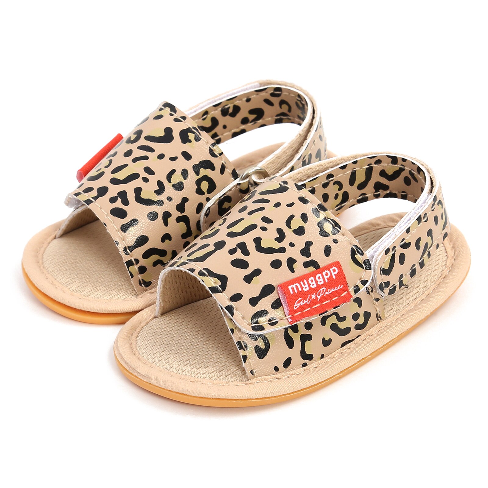 Sandales pour bébé solides/léopard, chaussures plates d'été légères antidérapantes avec fermeture à pression et boucle de talon: Leopard / 6-9Months