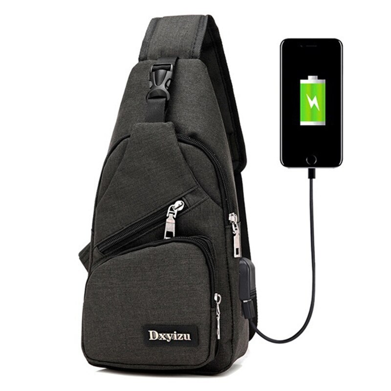 Bolso de hombro antirrobo para hombre, bolsa de pecho recargable con USB de lona, orificio para auriculares, bolso de hombro para niño adolescente: Black