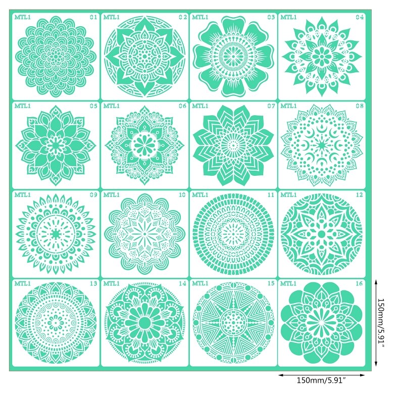 Plantillas de Mandala para pintar, 15x15cm, DIY, para dibujo, álbum de recortes, plantilla de pared, para azulejos de suelo de madera, plantilla de Arte de tela, 16 unids/set por juego: 5CC902023