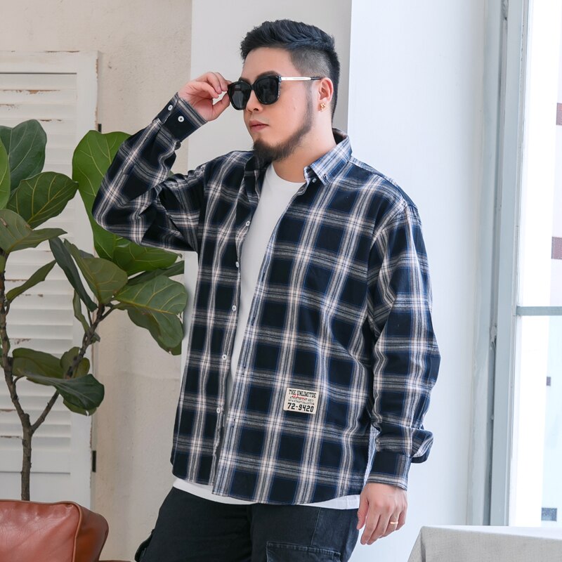 Plus size 5xl 6xl 7xl 8xl 9xl 10xl mænds casual mærke plaid skjorte 100%  bomuld business patch løse flannel skjorter herre