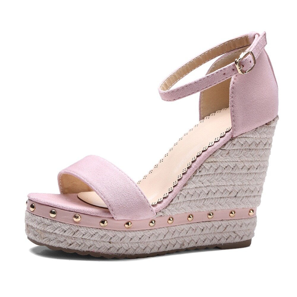 MORAZORA wedges sandals women rivets platform footwear buckle strap wedge high heels woman sandals ladies shoes: Pink / 8