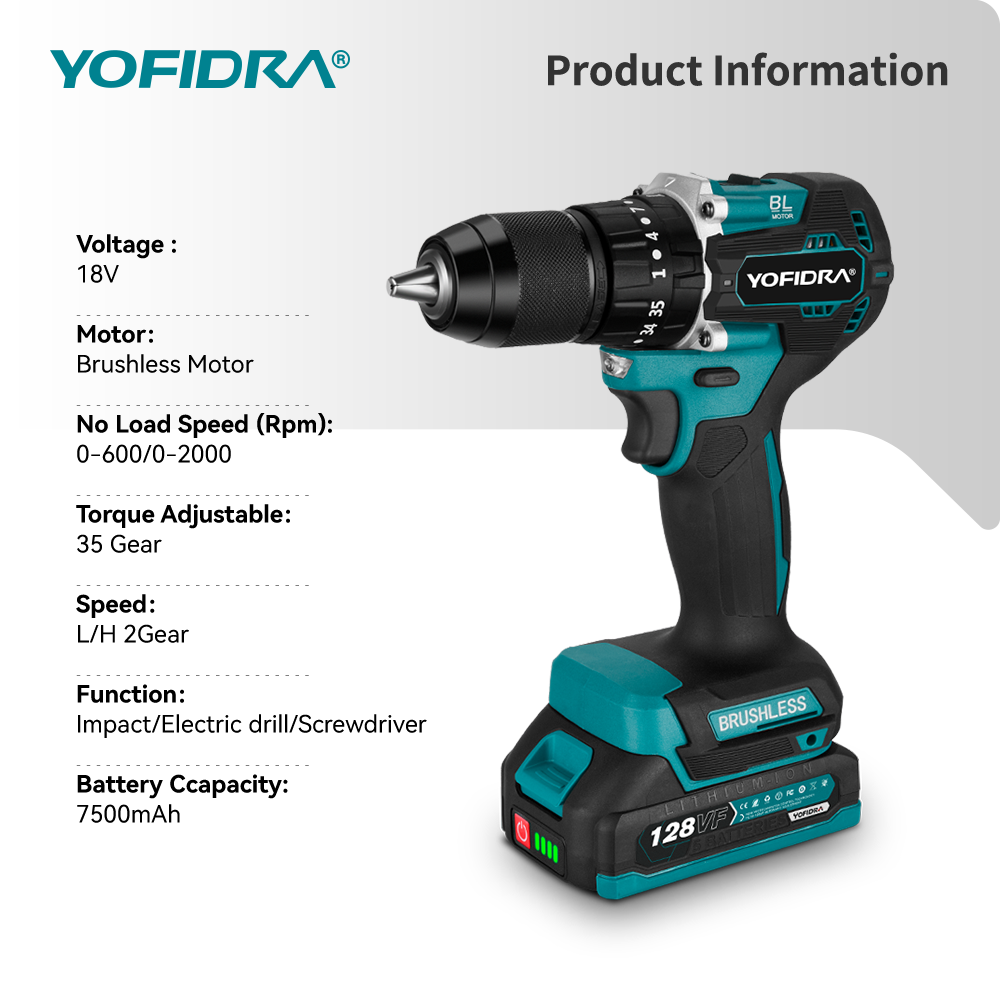 YOFIDRA 13mm 35 + 3 Drehmoment Bürstenlosen Elektrischen Schlagbohrmaschine Akku-Effiziente Elektrische Schraubendreher Werkzeug Für Makita 18V-21V Batterie