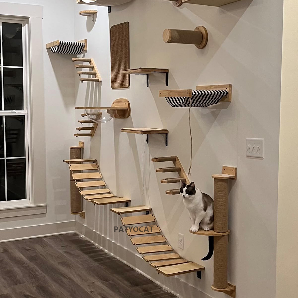 Cat Tree Wall Mounted Climbing Shelves Wooden Hammock with Ladder and Cat Bridge for Cat Perch Sleeping Pet Indoor Playground