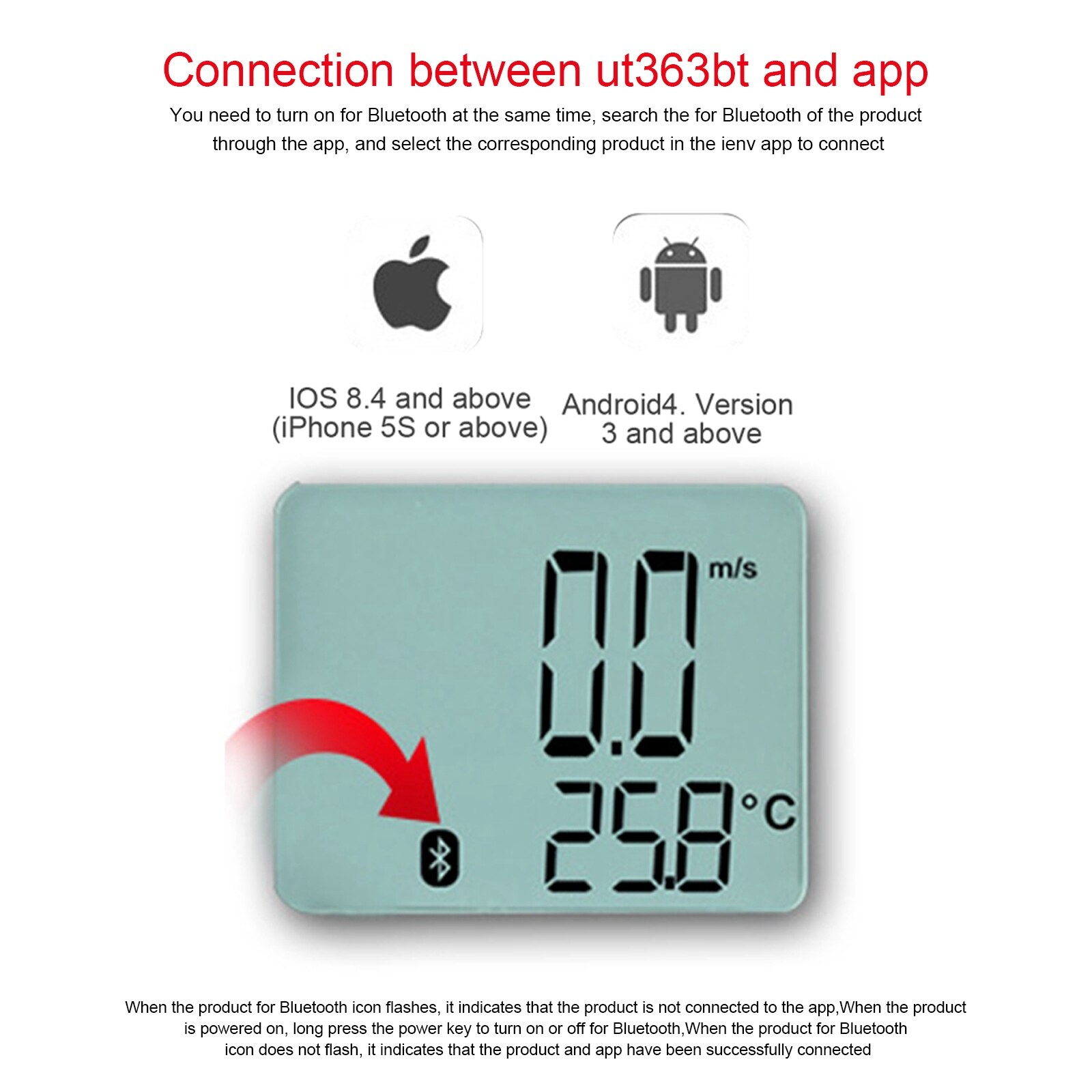 UT363BT Digital Anemometer Handheld Wind Speed Meter Bluetooth Wind Sensor Outdoor Thermometer LCD Display Measuring Device