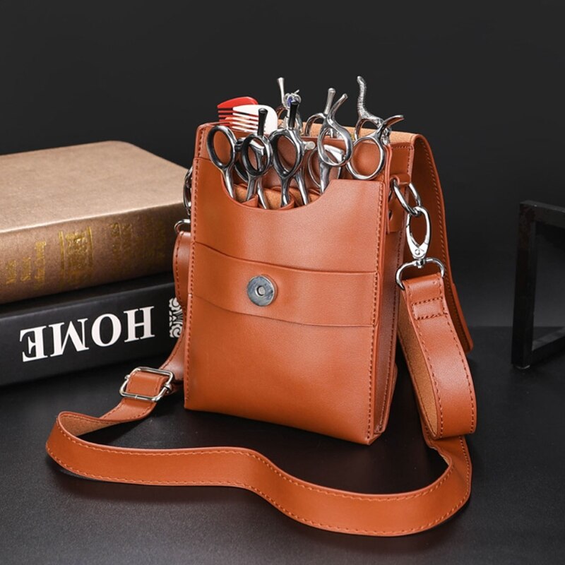 Barber Shop Scissors Bag with Shoulder Strap Portable Faux Leather Hair Comb Holder Pouch Case Waist Pack