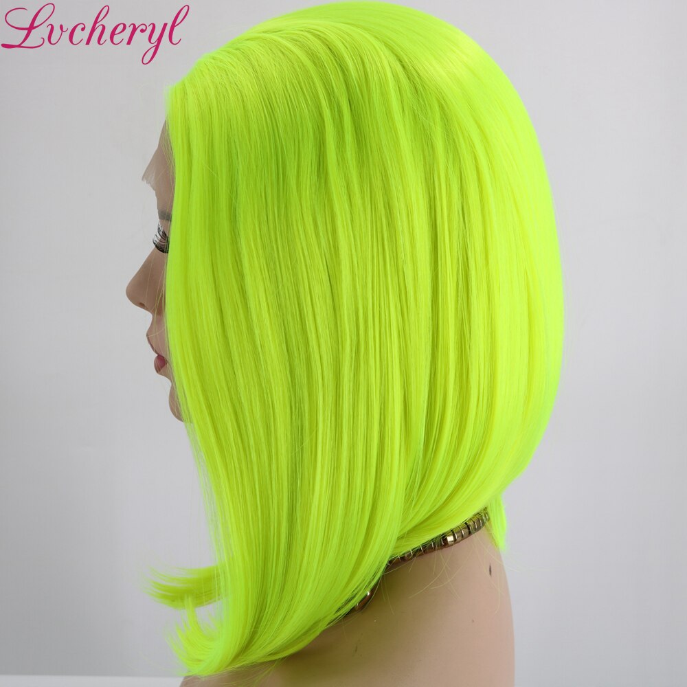Lvcheryl neon gul färg värmebeständigt kort hår peruker syntetisk spets front peruker cosplay fest smink peruker för sommaren