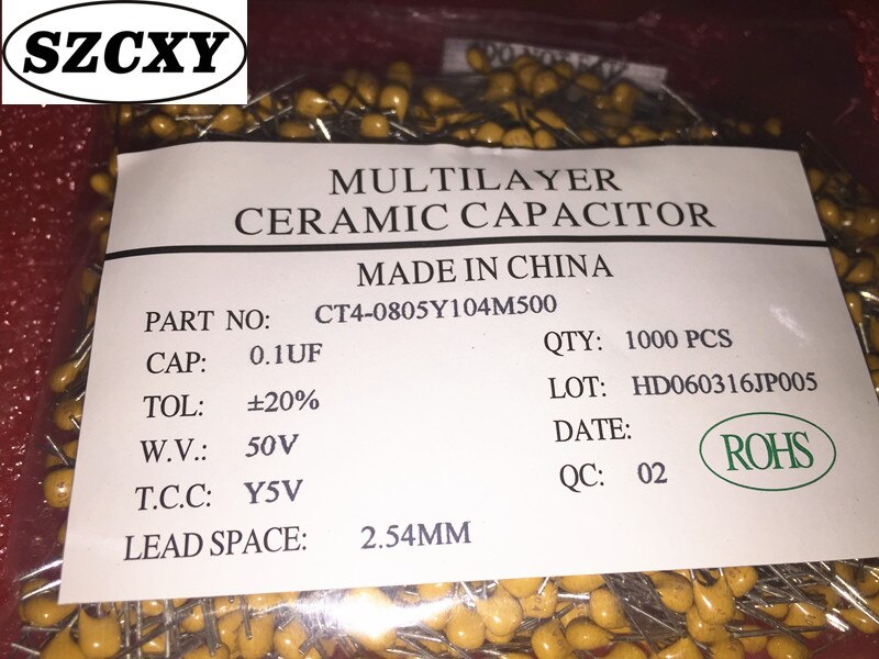 Capacitor - 1000pcs CT4-0805Y104M500 - 100nF 0.1uF 50V - 2.54mm Pin Pitch