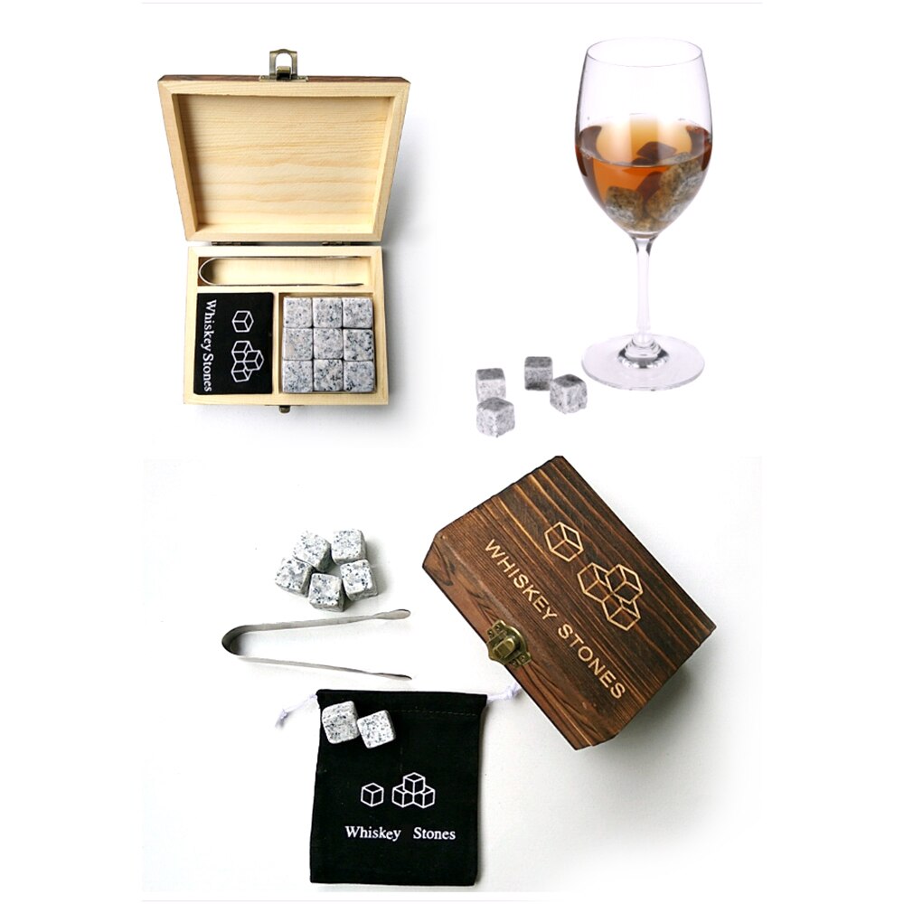 9pcs Whiskey Stones Whiskey Ice Stones Drinks Cooler Cubes Beer Rocks With Wood Case Pouch and Ice Clip Barware Bar Tool 2 Glass: Multicolor