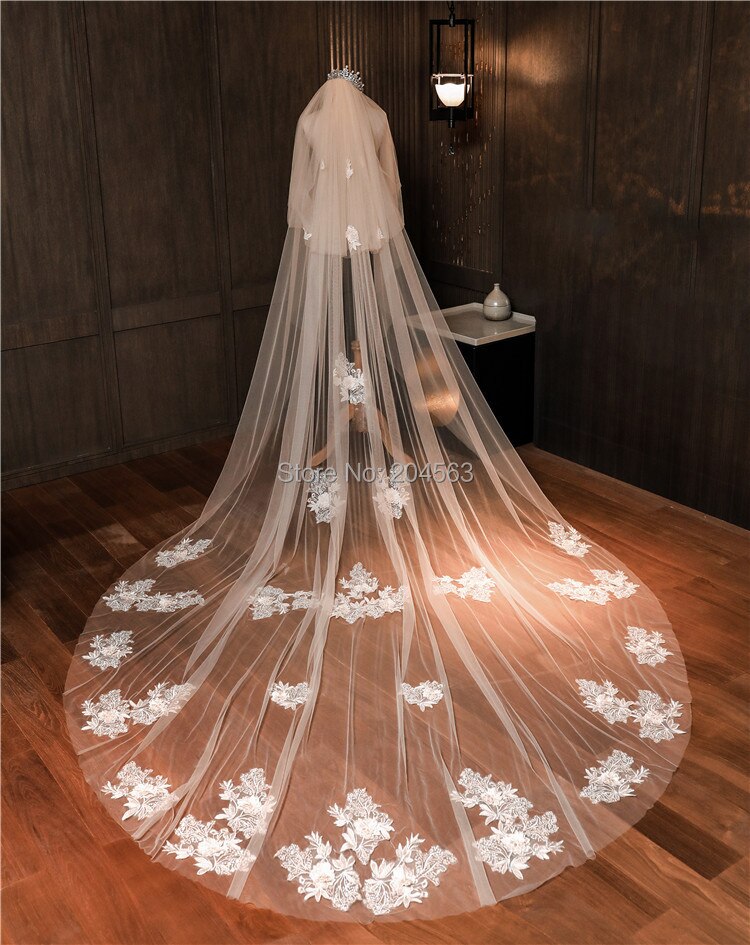 Elegante velo da sposa in pizzo di lusso a due strati con fiori veli da sposa lunghi con pettine accessori da sposajd2020